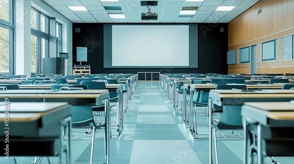 Fototapeta Modern classroom interior featuring empty desks and a projector screen, ideal for educational purposes and presentations.