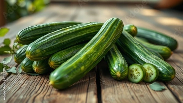 Fototapeta Fresh Cucumbers on Wooden Table - High-Resolution AI Photo