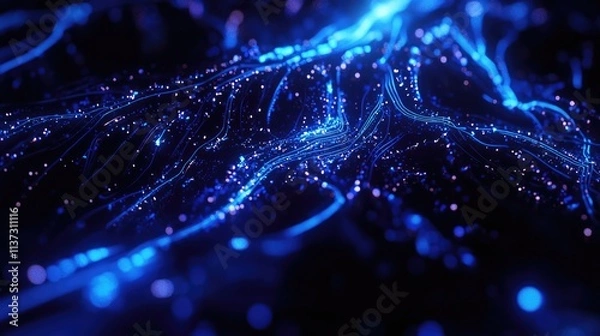 Fototapeta Glowing blue lines weave across a dark background, creating an intricate network of circuits and data connections that reflect the essence of modern technology and innova