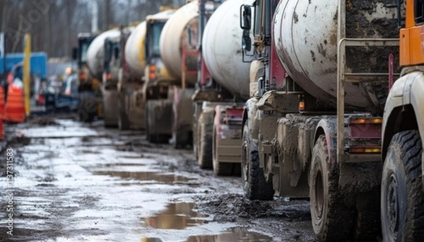Fototapeta A line of concrete mixer trucks on a muddy construction site.