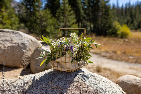 Obraz Bouquet of flowers in a basket sitting on a large rock in the wilderness near a hiking trail. 