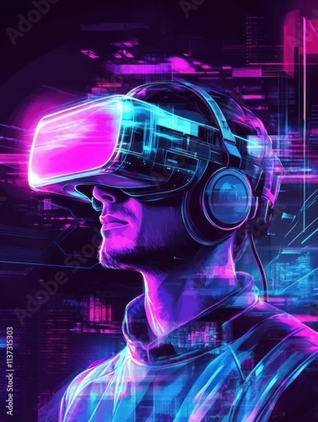 Fototapeta Augmented reality banner. People with headset and vr glasses gaming in virtual reality. Futuristic technology vector concept