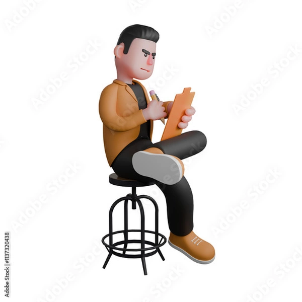 Fototapeta Cartoon Style 3D Model of Film Director. A male director sits with his left leg crossed while holding a pencil and clipboard with both hands, writing expression. Illustration Design