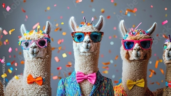 Fototapeta A humorous animal celebration, happy birthday, party, banner, and greeting card Isolated on a dark background, a group of alpacas wearing colorful suits, bow ties, and sunglasses