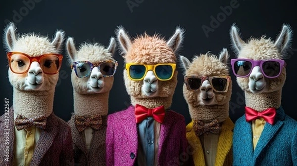 Fototapeta A humorous animal celebration, happy birthday, party, banner, and greeting card Isolated on a dark background, a group of alpacas wearing colorful suits, bow ties, and sunglasses