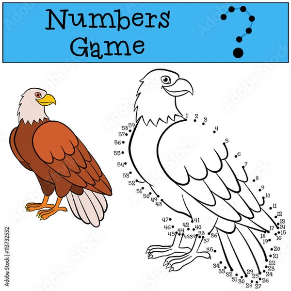 Fototapeta Educational games for kids: Numbers game. Cute eagle sits and smiles.