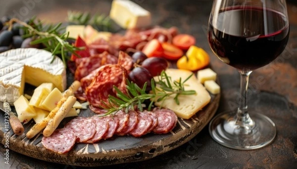 Fototapeta A charcuterie board with cheese, meats, grapes, and red wine.