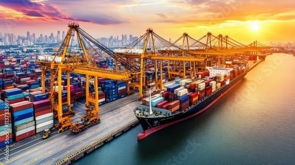 Fototapeta A bustling shipping port with containers and cranes at sunset.