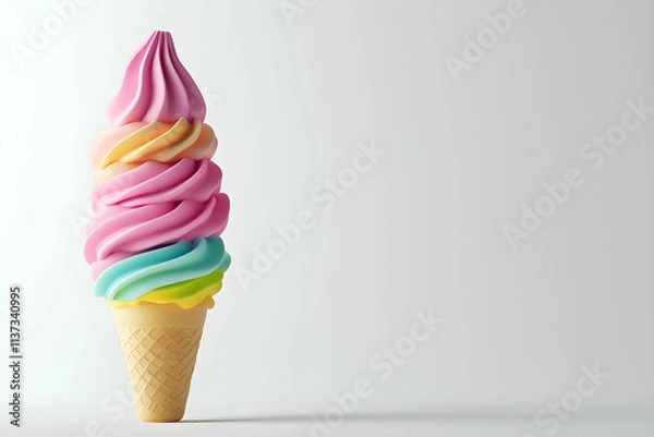 Fototapeta Colorful Swirl Ice Cream Cone Against Plain Background, Ideal for Summer Treats and Dessert Promotions