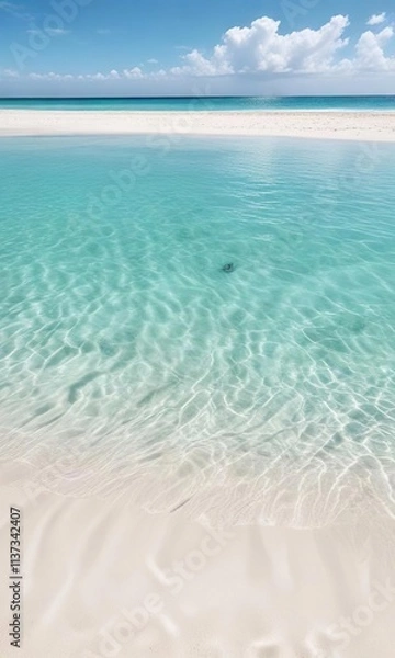 Fototapeta Clear turquoise water gently lapping on white sandy beach, background, white, clear