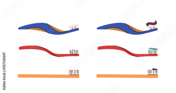 Obraz Collection of toothbrushes and toothpaste on a white background. Dentistry concept, oral care. Different toothbrushes designs with different paste. Teeth cleaning accessories. Colorful vector set