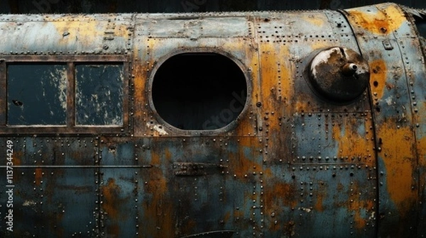 Fototapeta Close-up of a weathered, rusty aircraft fuselage with a circular window.