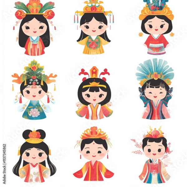 Fototapeta Chinese folk traditional pattern cartoon character image on white background 