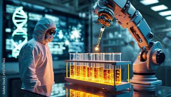 Fototapeta Robotic Arms Handling Glowing Test Tubes in a High Tech Lab