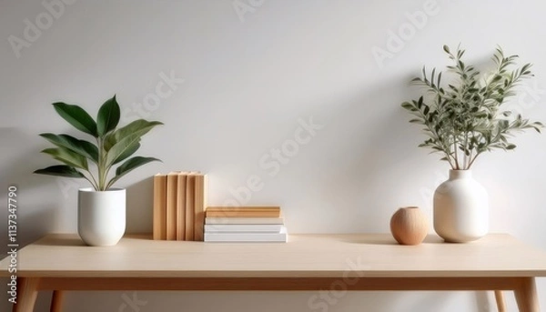 Fototapeta Modern minimal interior design with books and plants creating cozy atmosphere
