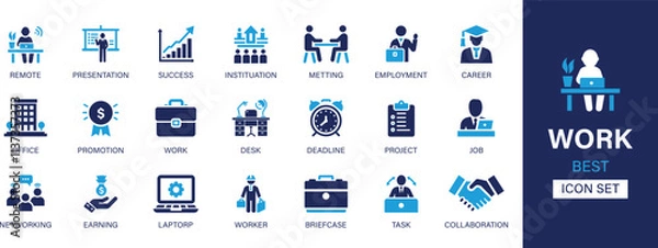 Fototapeta Work icon set collection. Remote, presentation, success, institution, project, meting, employment, career, office, promotion, work, desk and best solid icon set.
