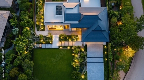 Obraz Aerial view of a modern house surrounded by landscaped gardens and pathways at night.