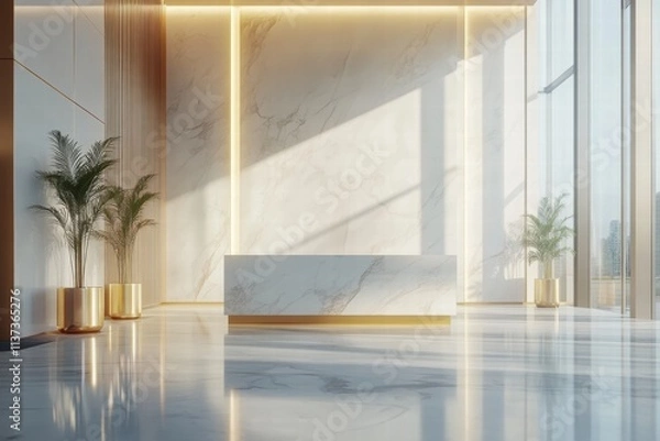 Fototapeta Modern Marble Reception Desk in Luxurious Lobby