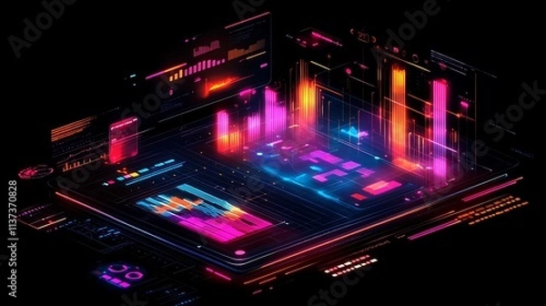 Fototapeta A glowing holographic financial graph with vibrant data points, surrounded by futuristic digital interface panels, dynamic reflections, and soft neon lighting,