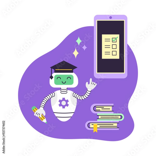 Fototapeta AI Robot assistant points at smartphone. There is a stack of books nearby. Distance education concept. Artificial Intelligence Virtual Assistant. Isolated vector illustration.