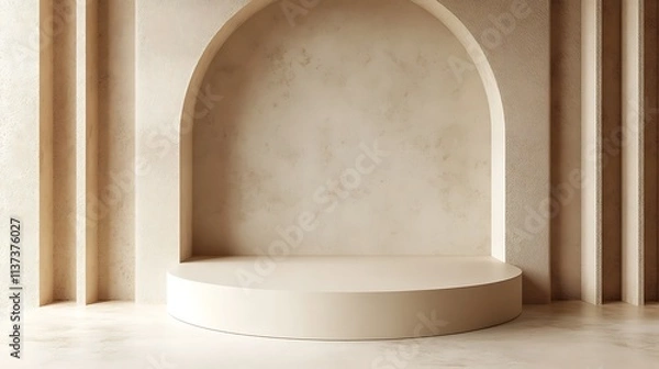 Fototapeta Elegant Beige Minimalist Product Display Platform with Archway Backdrop Ideal for showcasing cosmetics,jewelry,or other luxury goods