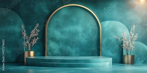 Fototapeta Elegant Teal and Gold Product Display Podium with Blooming Branches A Stunning Backdrop for Luxury Branding and Advertising