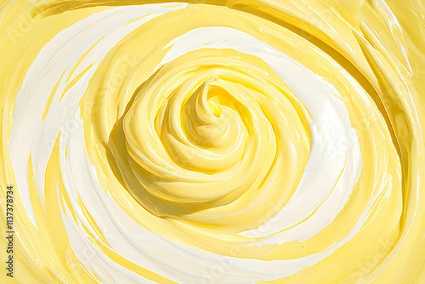 Fototapeta Smooth Swirls of Soft Yellow Creamy Texture on Bright White Background for Artistic and Culinary Use