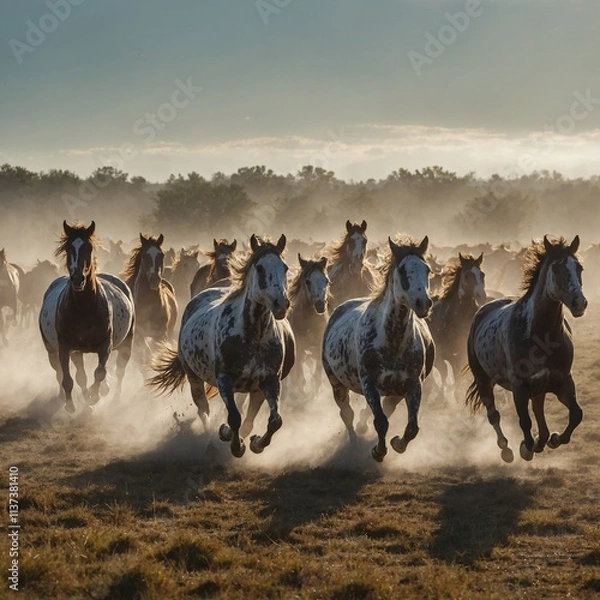 Fototapeta A herd of wild horses galloping across a sunlit field, with white mist in the background.
