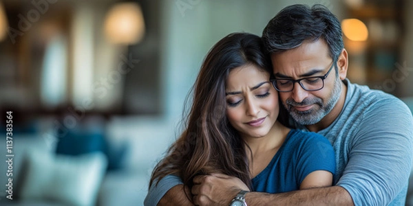 Obraz Loving indian man hugging, comforting and supporting his wife feeling sad and depressed, unhappy couple having relationship trouble