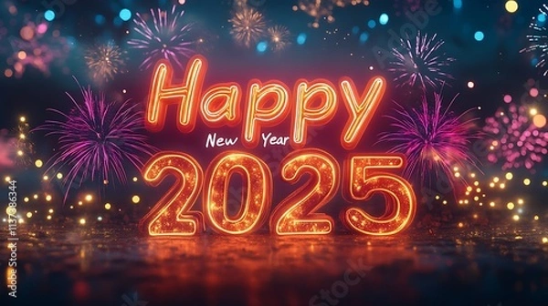 Fototapeta Happy New Year 2025 in radiant neon orange text, dark background lit with brilliant fireworks bursting in gold and magenta, sparkling stars scattered across the sky. --ar 16:9