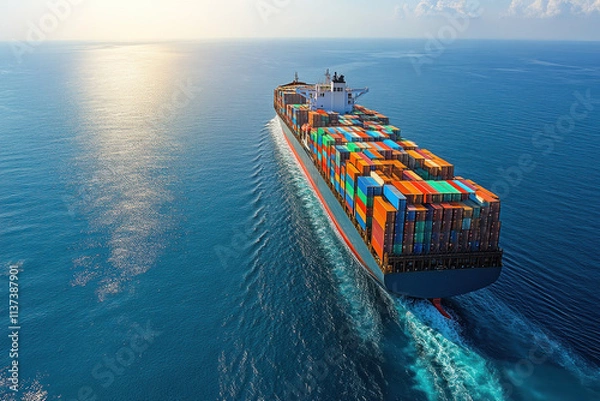 Fototapeta Large container ship at sea carrying goods.