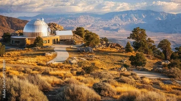 Fototapeta Scenic observatory on a mountain with surrounding landscape and sky.