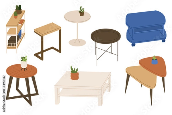Fototapeta Coffee tables decorated with houseplants of different styles and materials. Clip art for interior design. Home and office furniture items. Vector illustration isolated on transparent background.