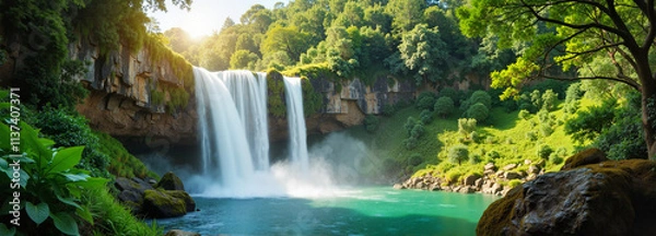 Fototapeta Lush Waterfall Flowing in a Green Forest