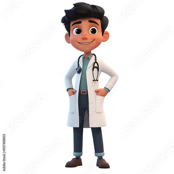 Fototapeta A young doctor in a white coat, full-body shot, in a cartoon style, high resolution, isolated on a transparent background.