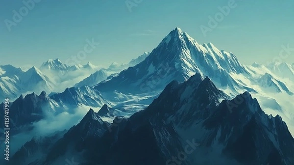 Fototapeta Majestic snow capped mountain peaks rising above a sea of clouds,offering a breathtaking panoramic view ideal for travel brochures,websites