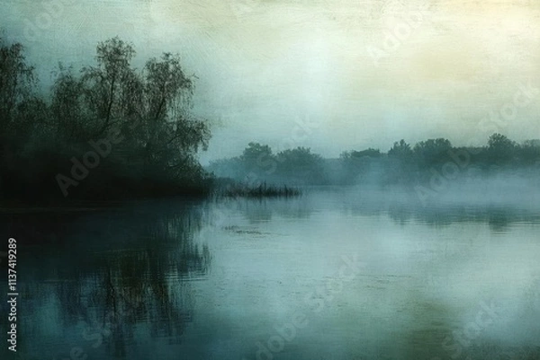 Fototapeta Serene landscape with misty water and silhouettes of trees at dawn.