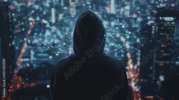 Obraz Hacker are planning to hack and attack networks and cyber security , innovative Smart city and graphs with statistics to analyze business potential and predict future developments in company growth.
