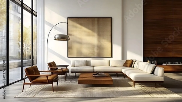 Fototapeta A luxurious mid-century modern living room with a chrome arc floor lamp, sleek leather seating, a minimalist coffee table, and an accent wall featuring subtle patterns,