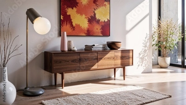 Fototapeta Generative AI, Minimalist walnut console with bold abstract artwork and soft natural light in a modern interior