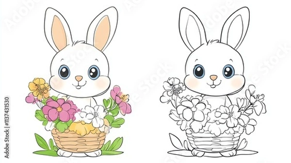 Fototapeta A cute cartoon bunny with a basket of flowers, ready to be colored.