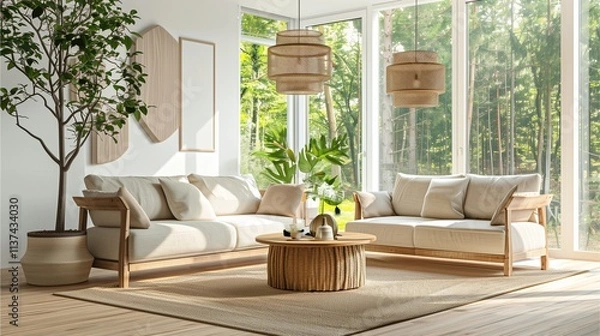 Fototapeta Cozy living room with a large armchair, a soft rug, and a view of the garden through floor-to-ceiling windows, warm lighting and gentle shadows, clear light .