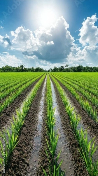 Fototapeta Lush green rice field under a bright sky with clouds.