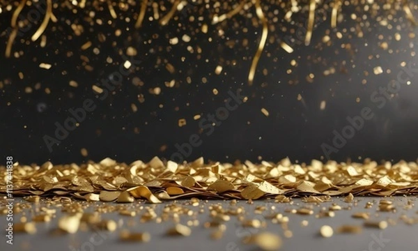 Fototapeta Close up of gold confetti on elegant celebration banner, elegant, party