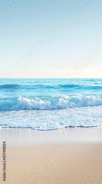Fototapeta Gentle lapping of blue ocean waves against a sandy shore, ocean wave, calm atmosphere, beach scenes,
