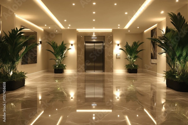 Obraz Modern, elegant hotel lobby with elevator, marble floor, plants, and lighting.