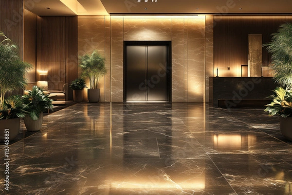 Fototapeta Modern hotel lobby interior with elevator, plants, and marble floor.