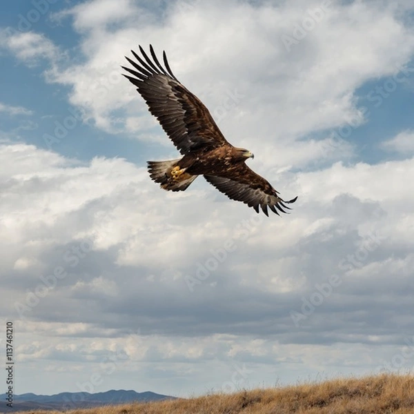 Fototapeta A golden eagle soaring above an open plain, under a dazzling white sky.