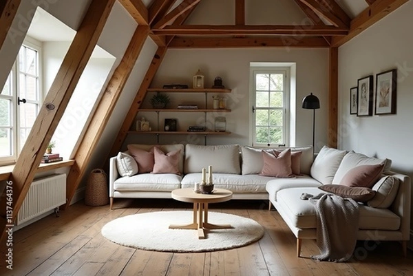 Fototapeta Corner sofa against shelving unit, scandinavian home interior design of modern living room in attic in farmhouse.
