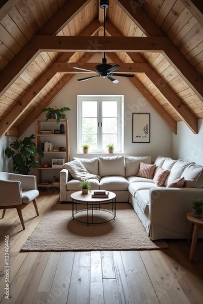 Fototapeta Corner sofa against shelving unit, scandinavian home interior design of modern living room in attic in farmhouse.